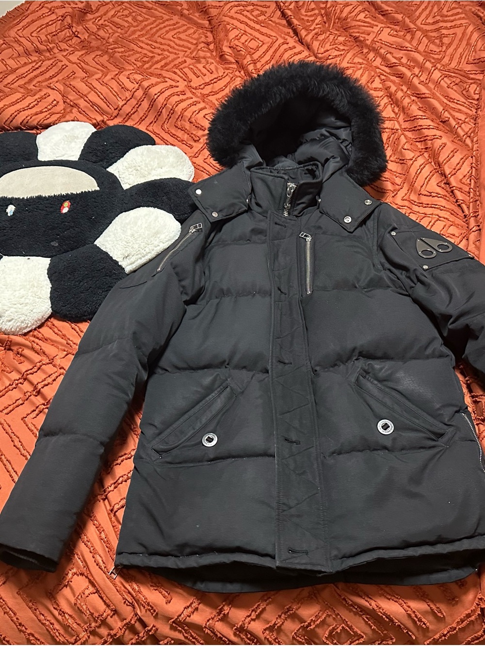 Moose Knuckles Black Down-Fill Parka with Fur-Trim Hood